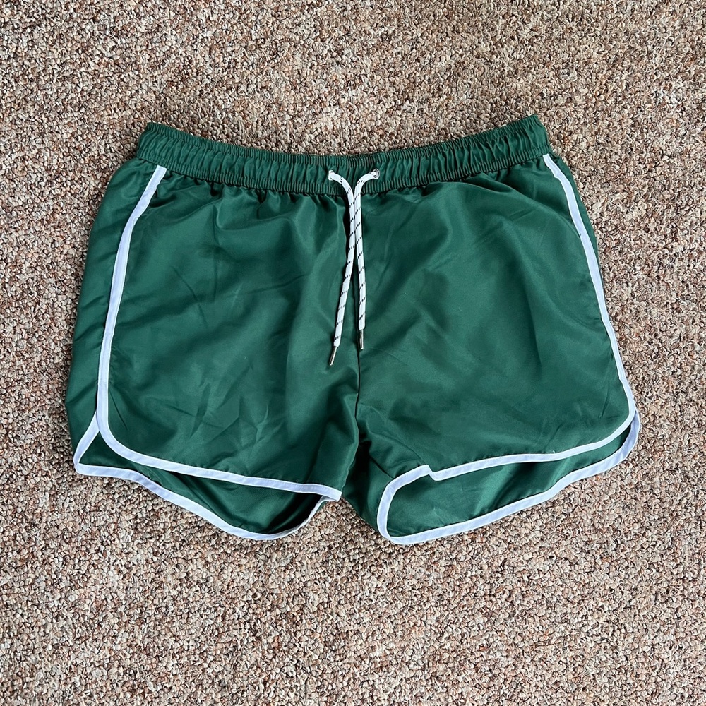 Green retro swim trunks 5 inch